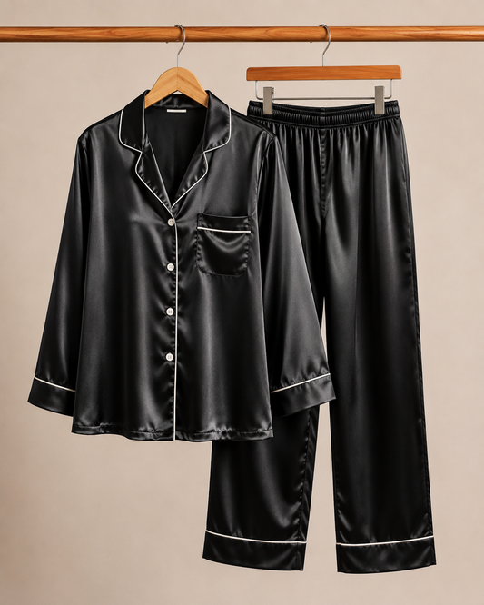 Close-up of black satin pajama set for women