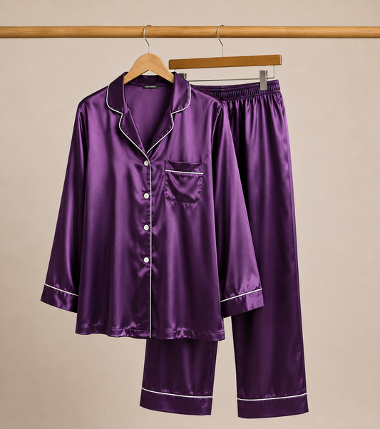 Deep Purple Satin Pajama Set