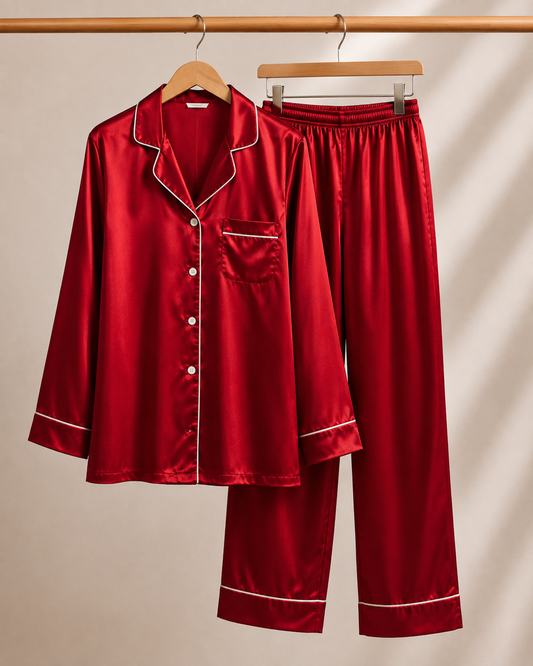 Ruby red satin night suit for women