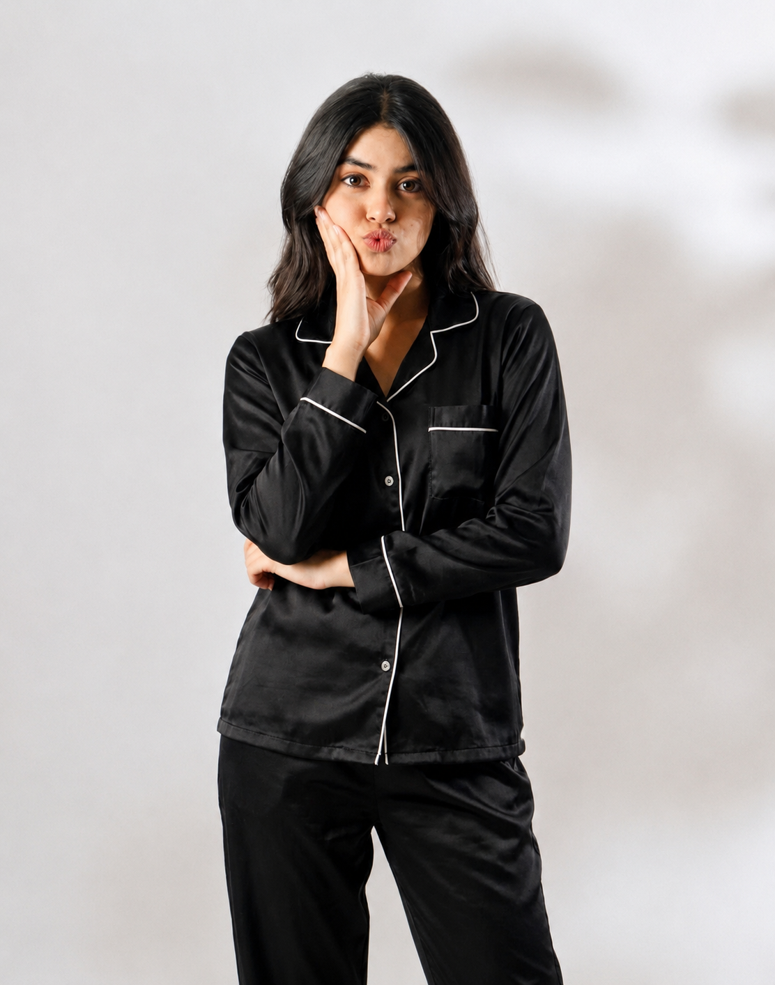 Black Luxe Satin Pajama Set for Women – Premium Silk Nightwear