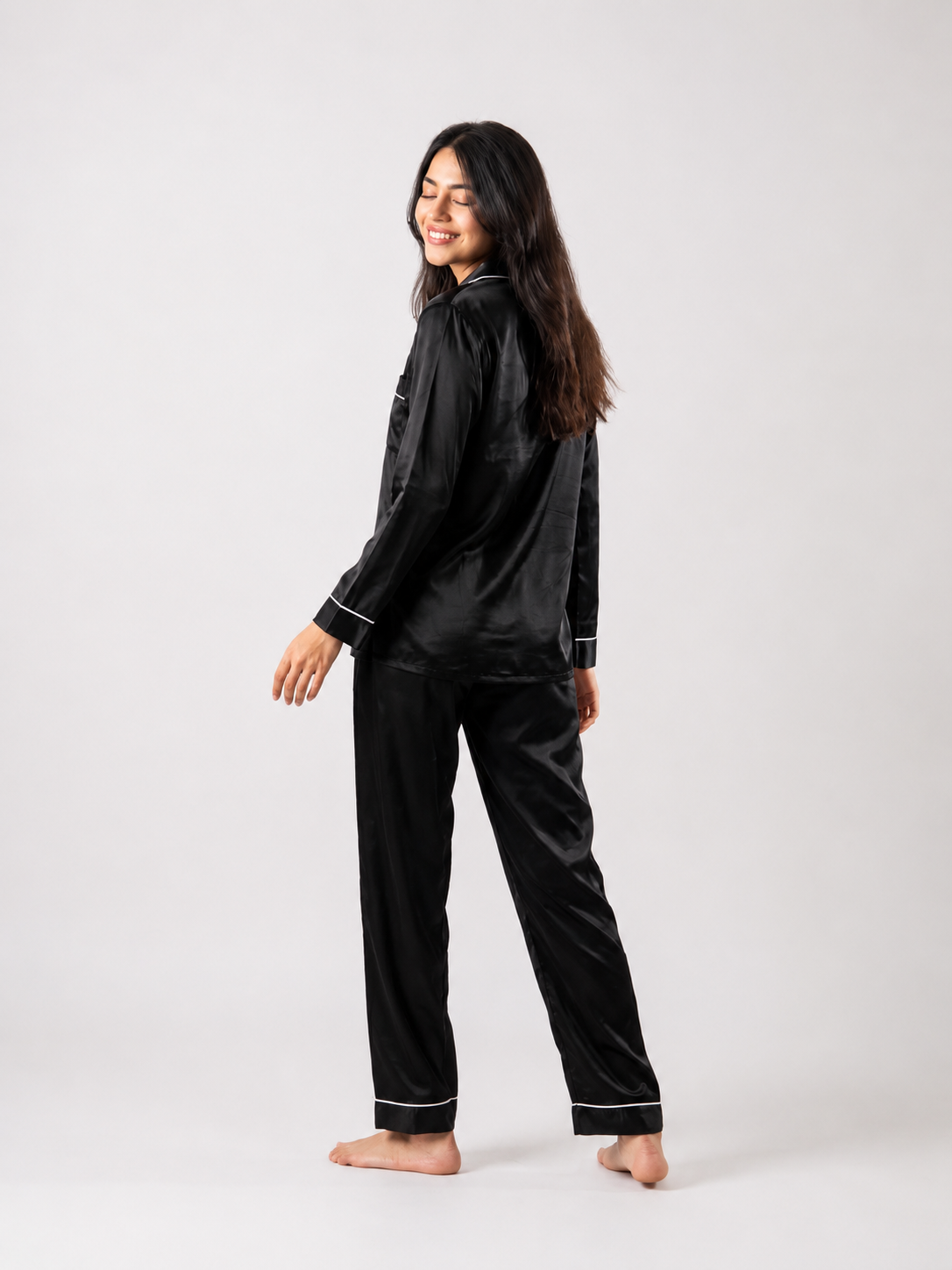 Black Luxe Satin Pajama Set for Women – Premium Silk Nightwear