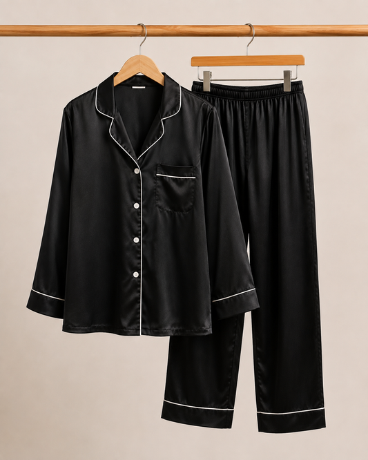 Black Luxe Satin Pajama Set for Women