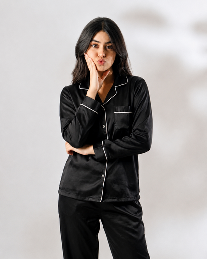 Black Luxe Satin Pajama Set for Women