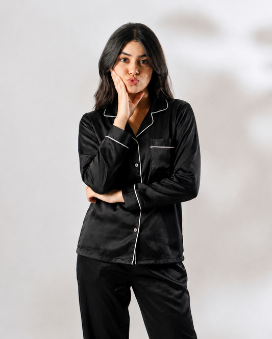 Black Luxe Satin Pajama Set for Women