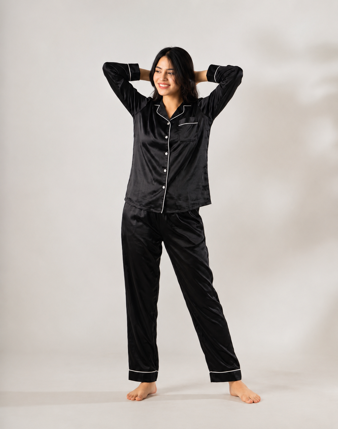 Black Luxe Satin Pajama Set for Women