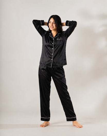 Black Luxe Satin Pajama Set for Women